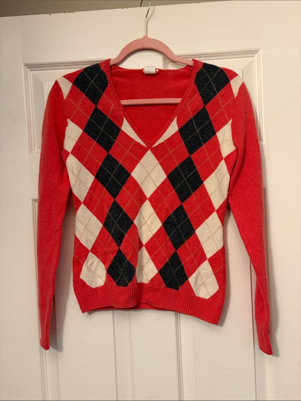 J. Crew Red Argyle V-Neck Sweater with Black and Cream Diamonds
